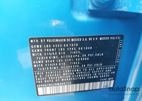 2024 Volkswagen Taos 1.5T Se z USA, uszkodzony, nr VIN 3VVSX7B22RM006714